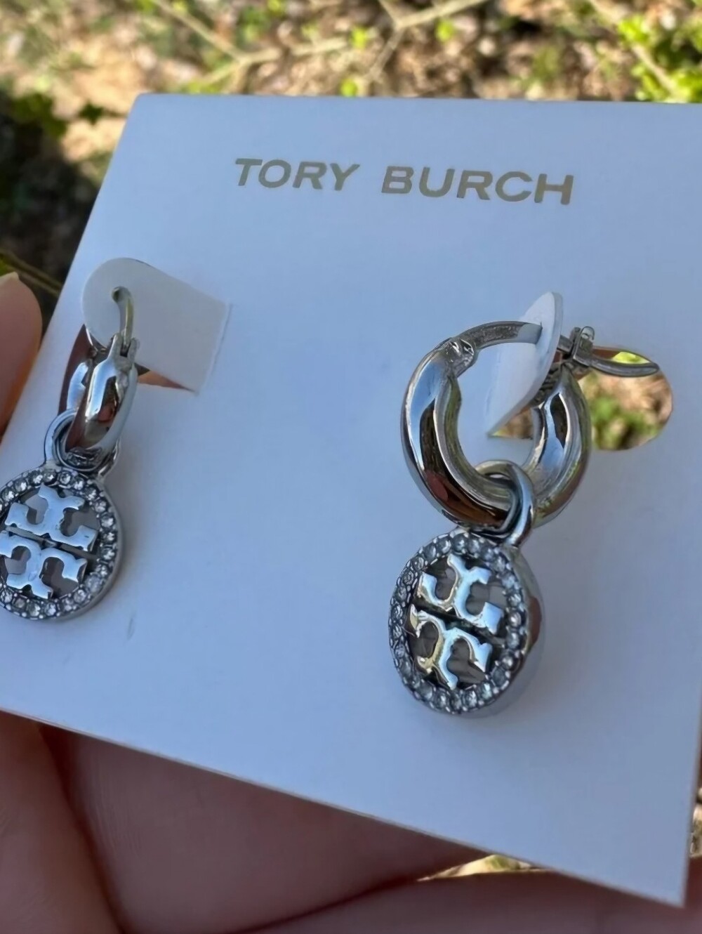Tory Burch Silver Logo Hoop Drop Earrings